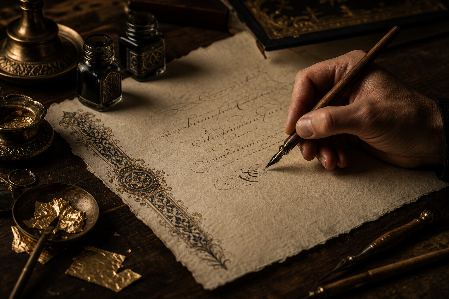 Close-up calligraphy and illuminated border detail