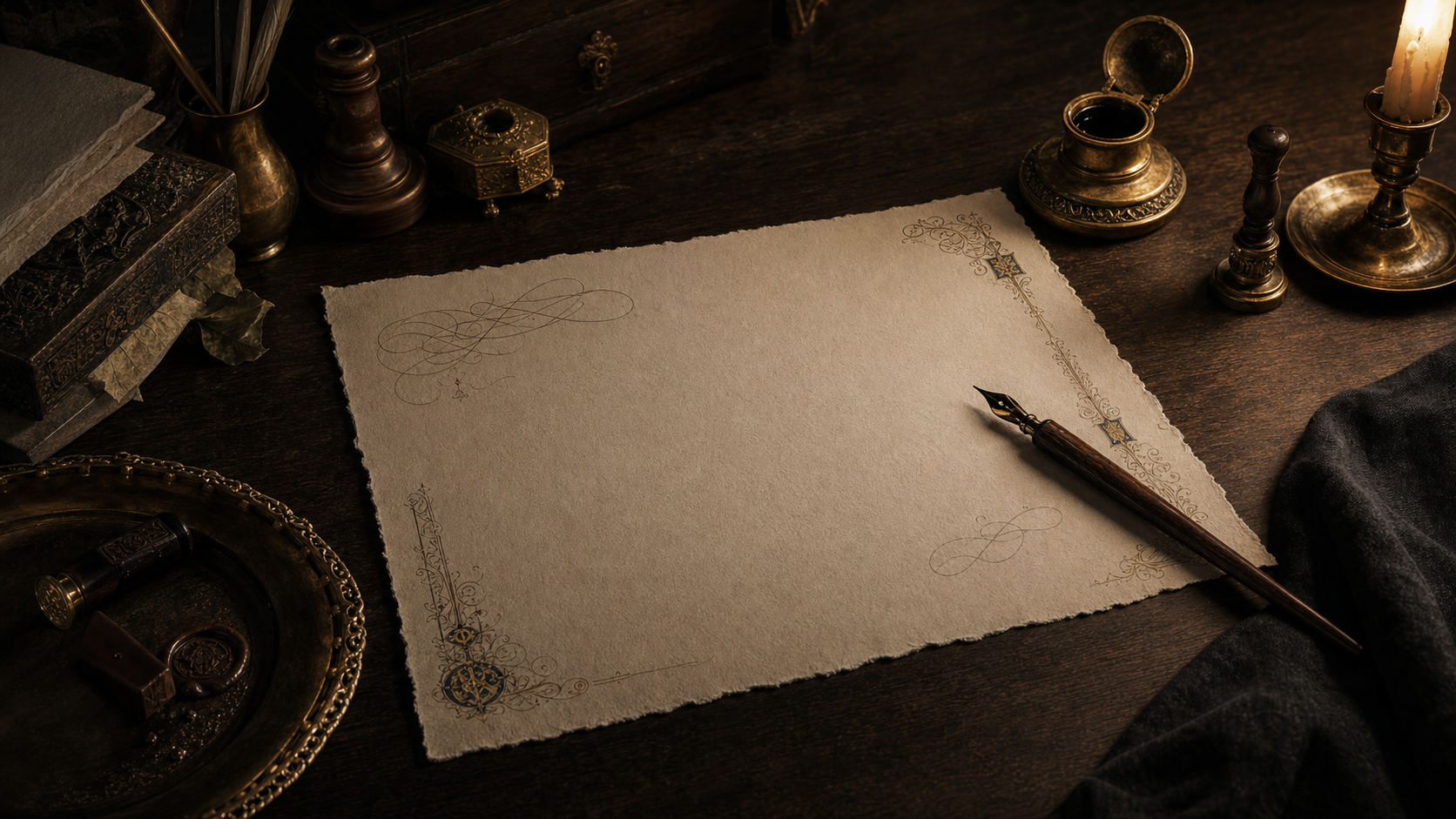 Luxury calligraphy desk with parchment, ink, brass tools, and a dip pen